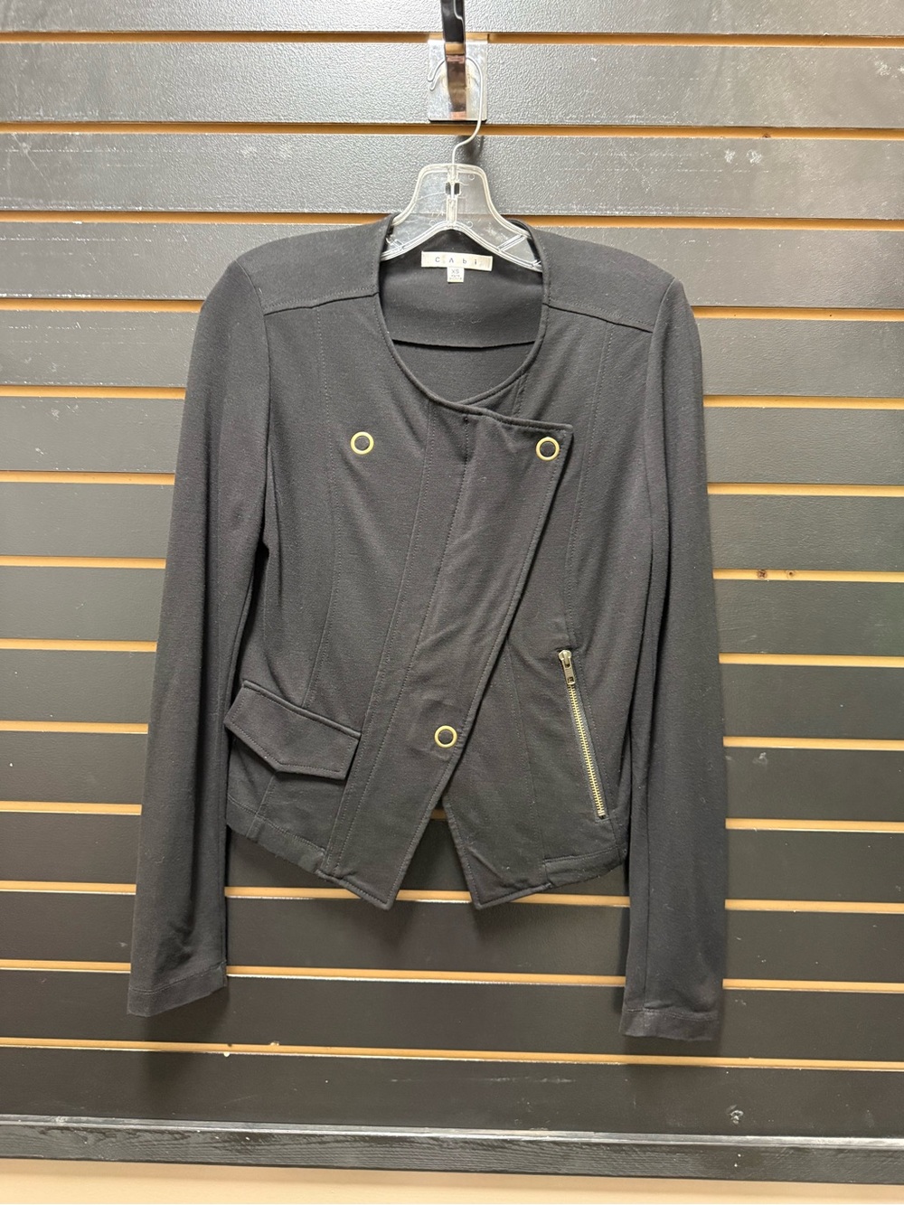 CAbi Black Ponte Knit Moto Jacket XS Asymmetrical Snap Zip